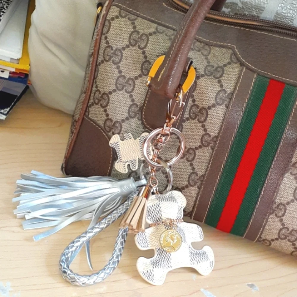 Bag Charm Keychain TEDDY BEAR Damier Azur Handmade with‎ Charms & Tassel